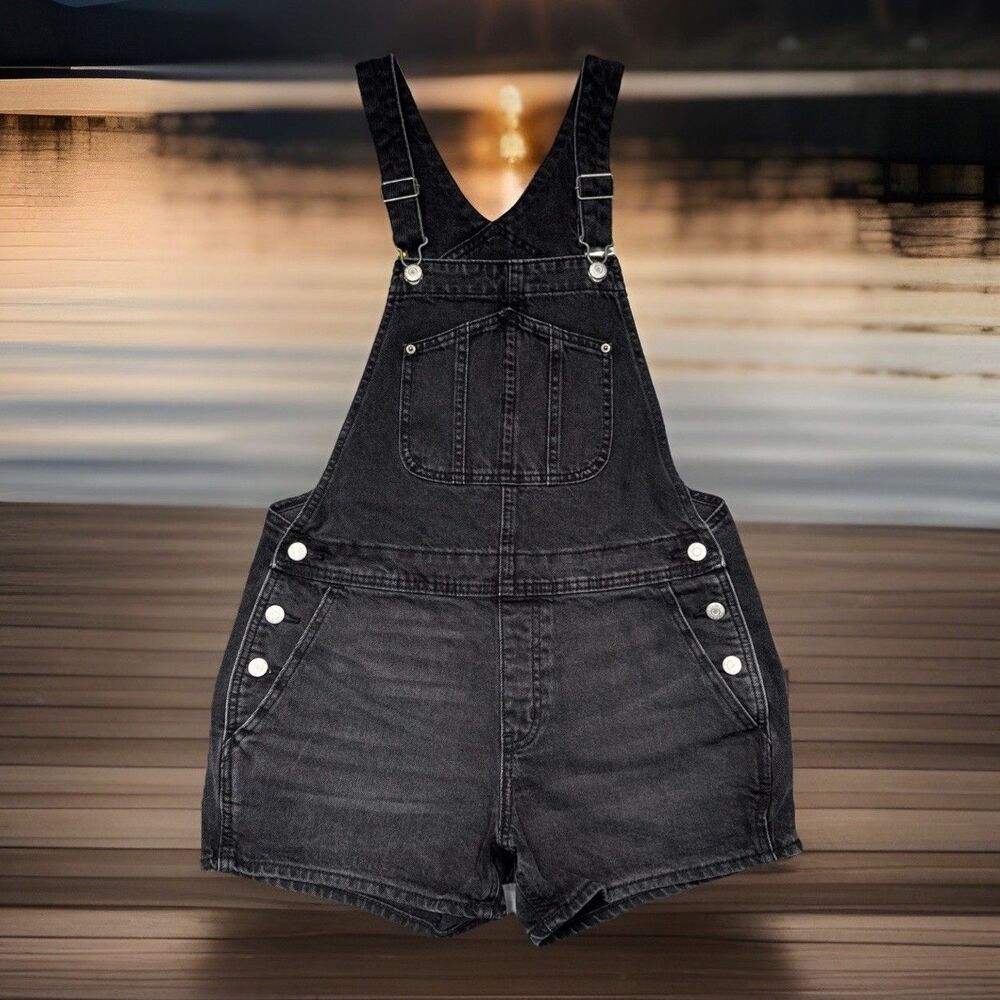 Old Navy Bib Shortalls M (W34 Inseam 3) Washed Black Cotton Denim Womens